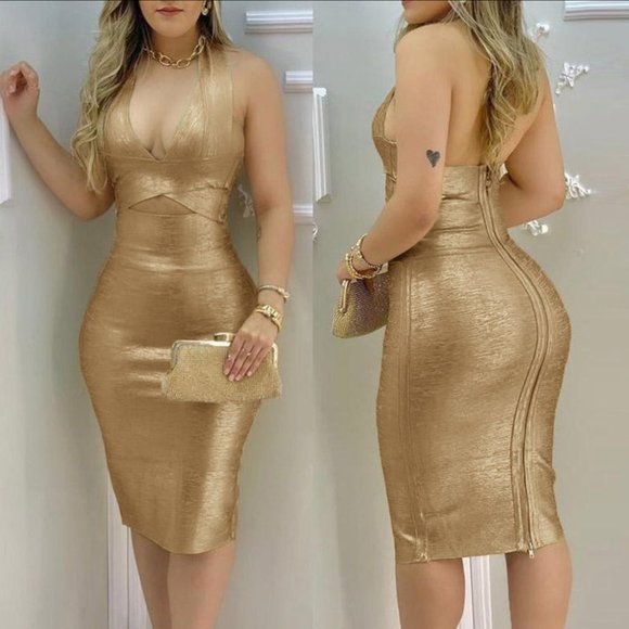 ChicMe Dresses & Skirts - Structured Gold Leme' Halter Dress